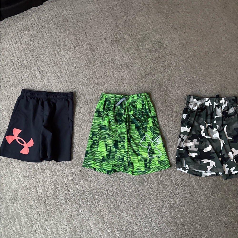 Boys shorts, 2 under armour and one camo Nike dri fit